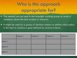 Who is this approach
appropriate for?
—  The method can be used in the foresight working group to reach a
consensus about the best project or scenario.
—  It might be used by a group of decision makers to define which policy
is the best to achieve a goal defined by several criteria.
 