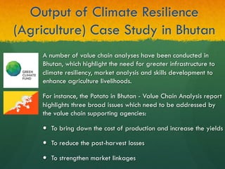 Output of Climate Resilience
(Agriculture) Case Study in Bhutan
A number of value chain analyses have been conducted in
Bhutan, which highlight the need for greater infrastructure to
climate resiliency, market analysis and skills development to
enhance agriculture livelihoods.
For instance, the Potato in Bhutan - Value Chain Analysis report
highlights three broad issues which need to be addressed by
the value chain supporting agencies:
—  To bring down the cost of production and increase the yields
—  To reduce the post-harvest losses
—  To strengthen market linkages
 