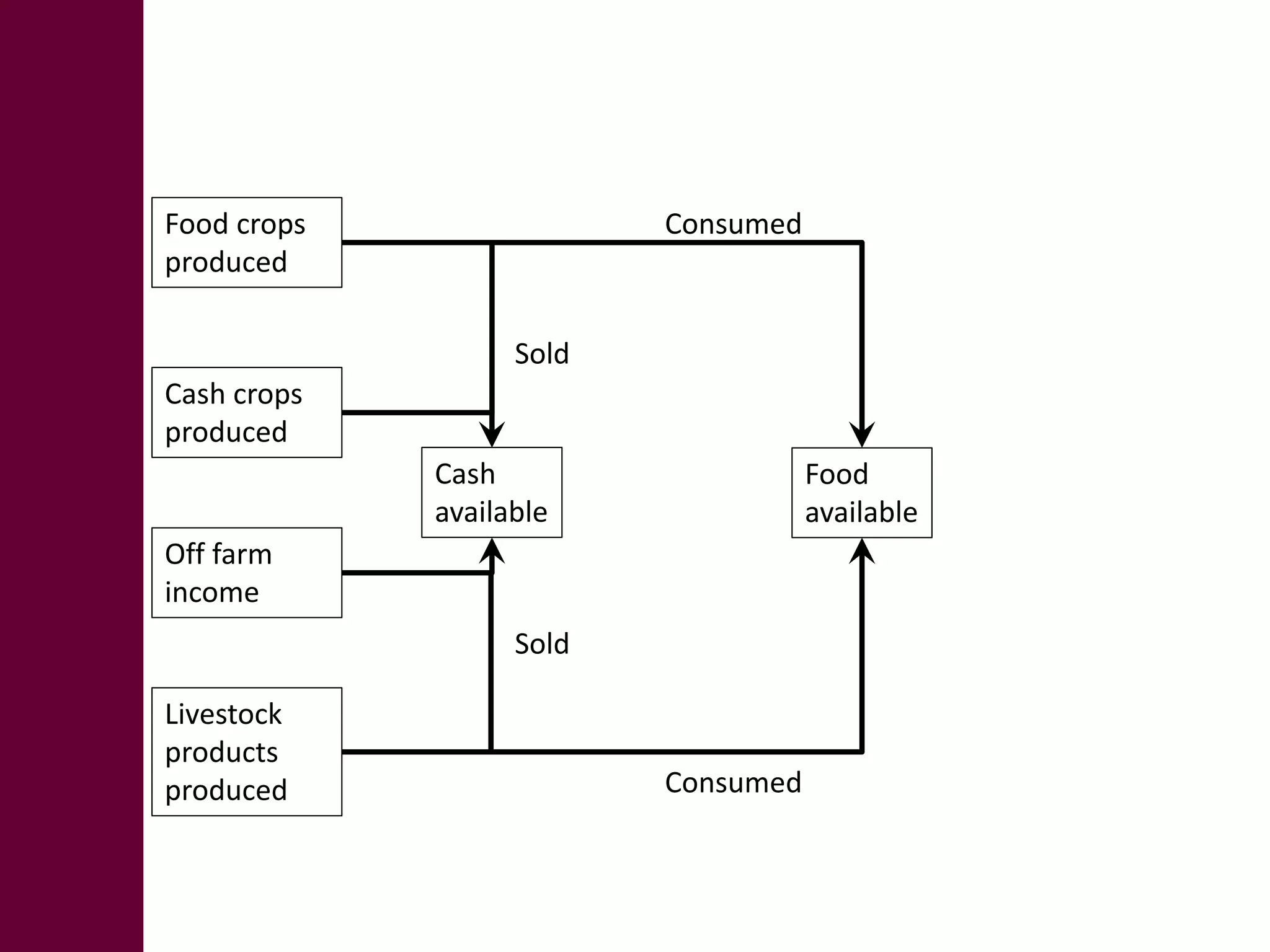 Food crops 
produced 
Cash crops 
produced 
Off farm 
income 
Livestock 
products 
produced 
Cash 
available 
Food 
available 
Consumed 
Consumed 
Sold 
Sold 
 