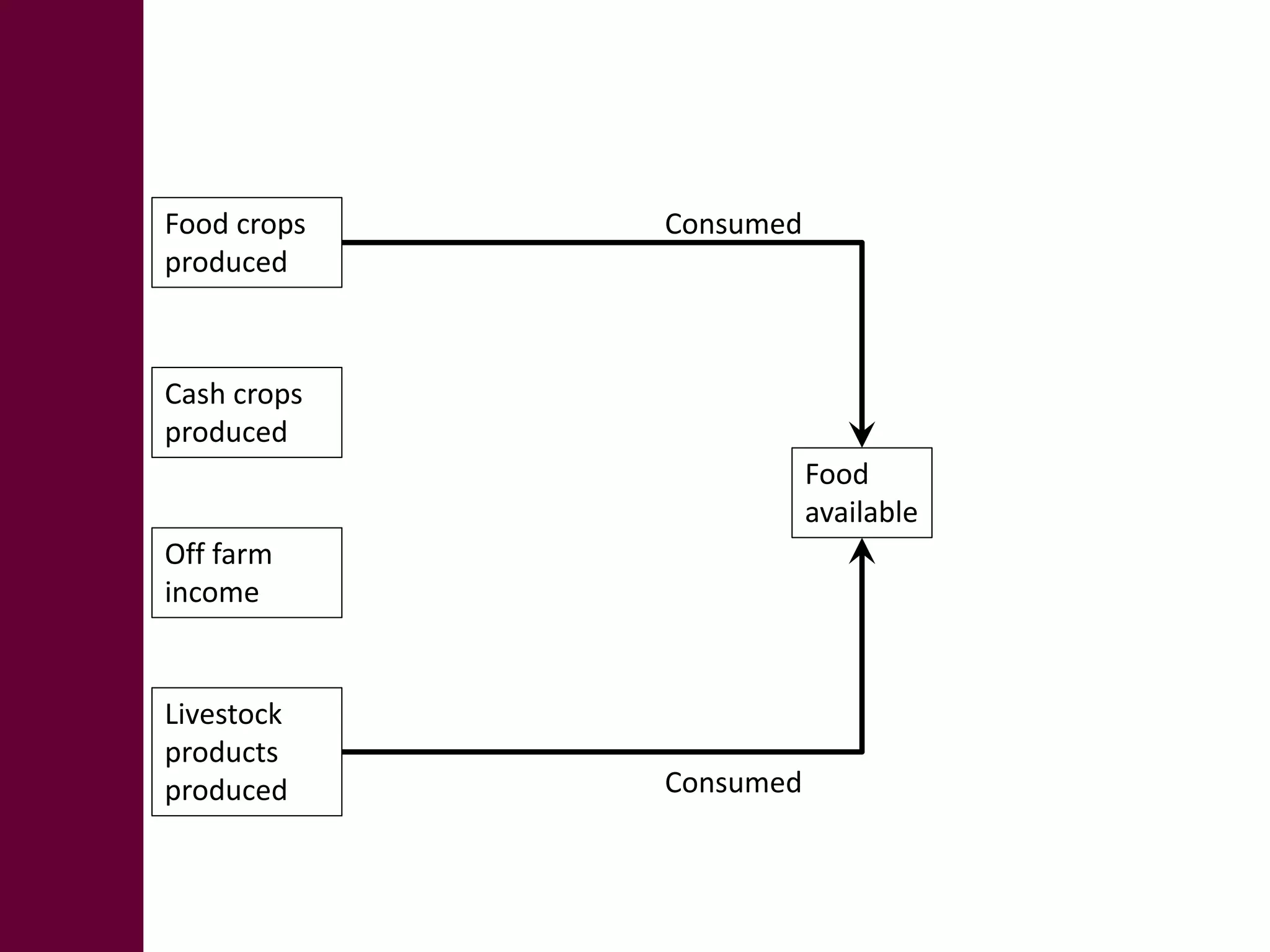 Food crops 
produced 
Cash crops 
produced 
Off farm 
income 
Livestock 
products 
produced 
Food 
available 
Consumed 
Consumed 
 