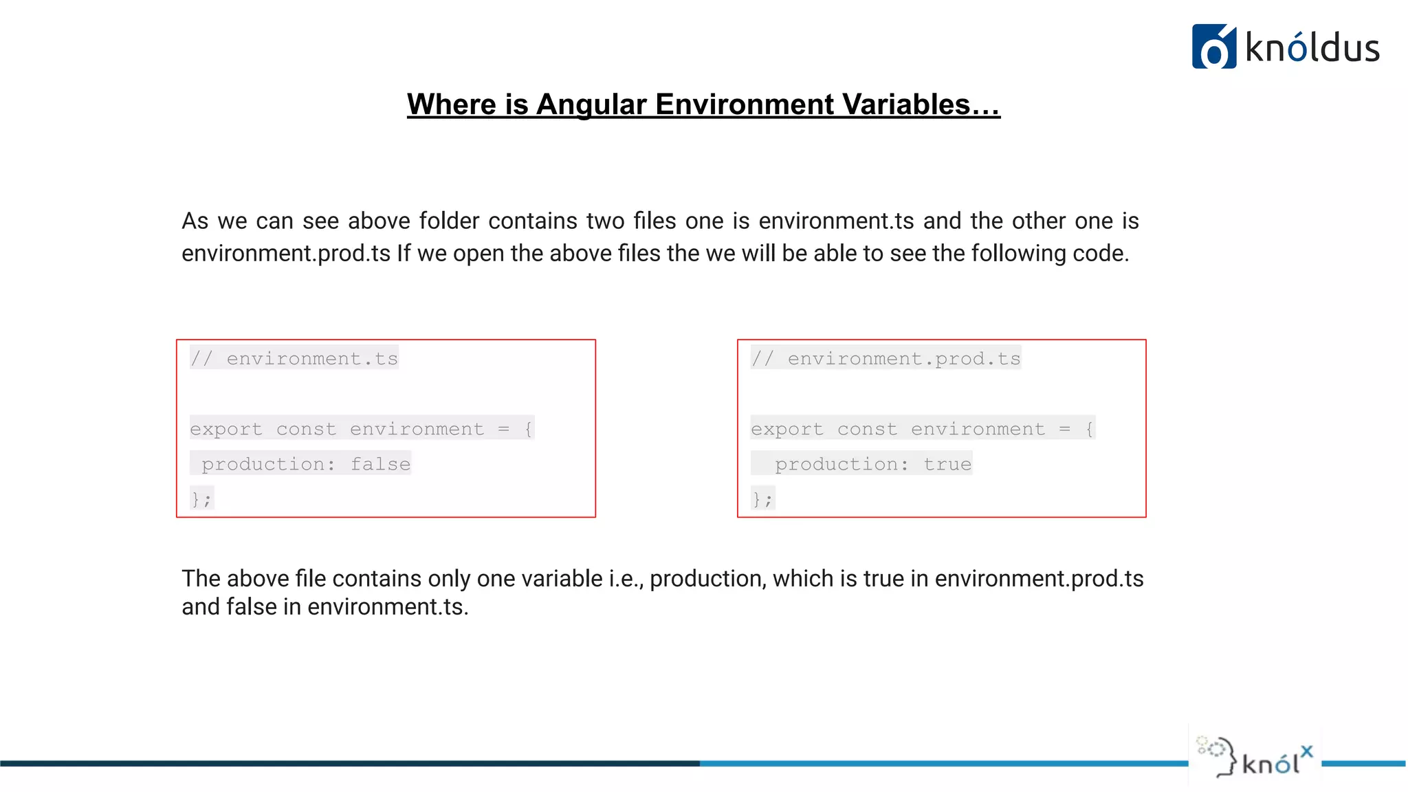 Where is Angular Environment Variables…
As we can see above folder contains two ﬁles one is environment.ts and the other one is
environment.prod.ts If we open the above ﬁles the we will be able to see the following code.
// environment.ts
export const environment = {
production: false
};
// environment.prod.ts
export const environment = {
production: true
};
The above ﬁle contains only one variable i.e., production, which is true in environment.prod.ts
and false in environment.ts.
 