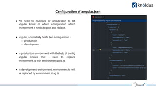 Configuration of angular.json
● We need to conﬁgure or angular.json to let
angular know on which conﬁguration which
environment it needs to pick and replace.
● angular.json initially holds two conﬁguration -
○ production
○ development
● In production environment with the help of conﬁg
angular knows that i need to replace
environment.ts with environment.prod.ts
● In development environment, environment.ts will
be replaced by environment.stag.ts
 