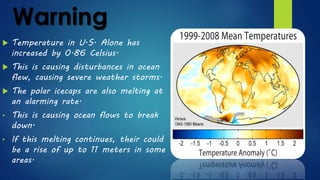 Warning
 Temperature in U.S. Alone has
increased by 0.86 Celsius.
 This is causing disturbances in ocean
flew, causing severe weather storms.
 The polar icecaps are also melting at
an alarming rate.
• This is causing ocean flows to break
down.
• If this melting continues, their could
be a rise of up to 11 meters in some
areas.
 