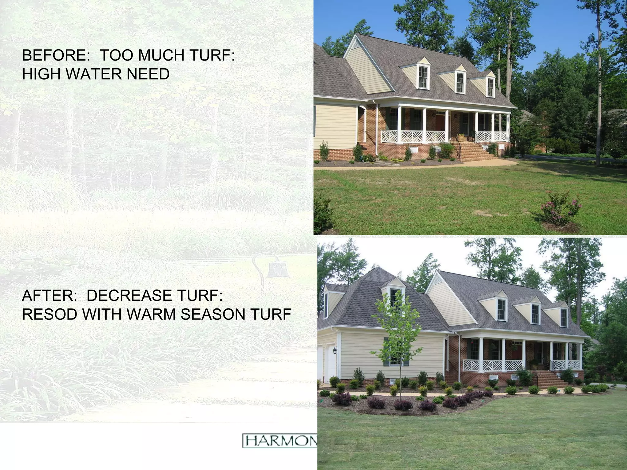 BEFORE:  TOO MUCH TURF: HIGH WATER NEED AFTER:  DECREASE TURF: RESOD WITH WARM SEASON TURF 