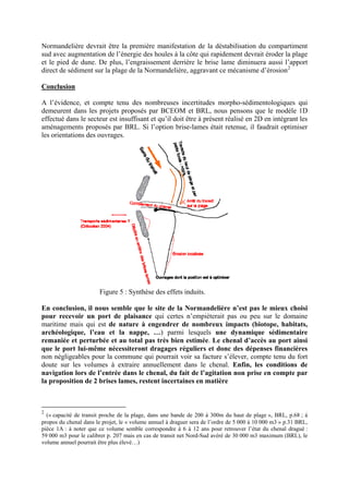 Normandelière devrait être la première manifestation de la déstabilisation du compartiment sud avec augmentation de l’énergie des houles à la côte qui rapidement devrait éroder la plage et le pied de dune. De plus, l’engraissement derrière le brise lame diminuera aussi l’apport direct de sédiment sur la plage de la Normandelière, aggravant ce mécanisme d’érosion2 
Conclusion 
A l’évidence, et compte tenu des nombreuses incertitudes morpho-sédimentologiques qui demeurent dans les projets proposés par BCEOM et BRL, nous pensons que le modèle 1D effectué dans le secteur est insuffisant et qu’il doit être à présent réalisé en 2D en intégrant les aménagements proposés par BRL. Si l’option brise-lames était retenue, il faudrait optimiser les orientations des ouvrages. 
Figure 5 : Synthèse des effets induits. 
En conclusion, il nous semble que le site de la Normandelière n’est pas le mieux choisi pour recevoir un port de plaisance qui certes n’empièterait pas ou peu sur le domaine maritime mais qui est de nature à engendrer de nombreux impacts (biotope, habitats, archéologique, l’eau et la nappe, …) parmi lesquels une dynamique sédimentaire remaniée et perturbée et au total pas très bien estimée. Le chenal d’accès au port ainsi que le port lui-même nécessiteront dragages réguliers et donc des dépenses financières non négligeables pour la commune qui pourrait voir sa facture s’élever, compte tenu du fort doute sur les volumes à extraire annuellement dans le chenal. Enfin, les conditions de navigation lors de l’entrée dans le chenal, du fait de l’agitation non prise en compte par la proposition de 2 brises lames, restent incertaines en matière 
2 (« capacité de transit proche de la plage, dans une bande de 200 à 300m du haut de plage », BRL, p.68 ; à propos du chenal dans le projet, le « volume annuel à draguer sera de l’ordre de 5 000 à 10 000 m3 » p.31 BRL, pièce 1A : à noter que ce volume semble correspondre à 6 à 12 ans pour retrouver l’état du chenal dragué : 59 000 m3 pour le calibrer p. 207 mais en cas de transit net Nord-Sud avéré de 30 000 m3 maximum (BRL), le volume annuel pourrait être plus élevé…)  