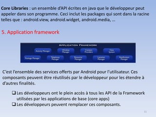 Core Libraries : un ensemble d’API écrites en java que le développeur peut
appeler dans son programme. Ceci inclut les packages qui sont dans la racine
telles que : android.view, android.widget, android.media, …
5. Application framework
C’est l’ensemble des services offerts par Android pour l’utilisateur. Ces
composants peuvent être réutilisés par le développeur pour les étendre à
d’autres finalités.
❑Les développeurs ont le plein accès à tous les API de la Framework
utilisées par les applications de base (core apps)
❑Les développeurs peuvent remplacer ces composants.
11
 