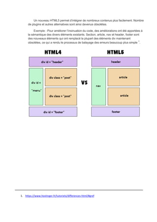 Un nouveau HTML5 permet d’intégrer de nombreux contenus plus facilement. Nombre
de plugins et autres alternatives sont ainsi devenus obsolètes.
Exemple : Pour améliorer l’insinuation du code, des améliorations ont été apportées à
la sémantique des divers éléments existants. Section, article, nav et header, footer sont
des nouveaux éléments qui ont remplacé la plupart des éléments div maintenant
obsolètes, ce qui a rendu le processus de balayage des erreurs beaucoup plus simple 1
.
_____________________________________________________________
1. https://www.hostinger.fr/tutoriels/differences-html/#gref
 