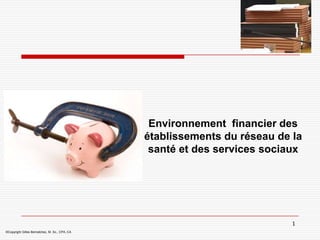 Environnement financier des
                                                établissements du réseau de la
                                                 santé et des services sociaux




                                                                            1
©Copyright Gilles Bernatchez, M. Sc., CPA, CA
 