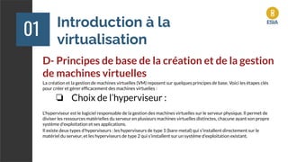 Introduction à la
virtualisation
01
D- Principes de base de la création et de la gestion
de machines virtuelles
La création et la gestion de machines virtuelles (VM) reposent sur quelques principes de base. Voici les étapes clés
pour créer et gérer efﬁcacement des machines virtuelles :
❏ Choix de l’hyperviseur :
L'hyperviseur est le logiciel responsable de la gestion des machines virtuelles sur le serveur physique. Il permet de
diviser les ressources matérielles du serveur en plusieurs machines virtuelles distinctes, chacune ayant son propre
système d'exploitation et ses applications.
Il existe deux types d'hyperviseurs : les hyperviseurs de type 1 (bare-metal) qui s'installent directement sur le
matériel du serveur, et les hyperviseurs de type 2 qui s'installent sur un système d'exploitation existant.
 