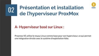 Présentation et installation
de l’hyperviseur ProxMox
02
A- Hyperviseur basé sur Linux :
Proxmox VE utilise le noyau Linux comme base pour son hyperviseur, ce qui permet
une intégration étroite avec le système d'exploitation hôte.
 