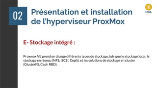 Présentation et installation
de l’hyperviseur ProxMox
02
E- Stockage intégré :
Proxmox VE prend en charge différents types de stockage, tels que le stockage local, le
stockage en réseau (NFS, iSCSI, Ceph), et les solutions de stockage en cluster
(GlusterFS, Ceph RBD).
 
