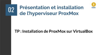 Présentation et installation
de l’hyperviseur ProxMox
02
TP : Installation de ProxMox sur VirtualBox
 