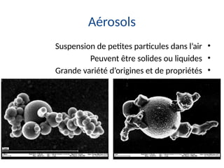 Aérosols
•
Suspension de petites particules dans l’air
•
Peuvent être solides ou liquides
•
Grande variété d’origines et de propriétés
 