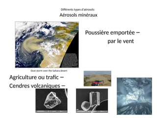 Différents types d’aérosols:
Aérosols minéraux
–
Poussière emportée
par le vent
–
Agriculture ou trafic
–
Cendres volcaniques
Dust storm over the Sahara desert
 