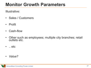 VentureBean Consulting Private Limited
Monitor Growth Parameters
Illustrative:
• Sales / Customers
• Profit
• Cash-flow
• Other such as employees; multiple city branches; retail
outlets etc.
• .. etc
• Value?
27
 