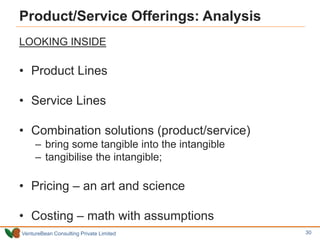 VentureBean Consulting Private Limited
Product/Service Offerings: Analysis
LOOKING INSIDE
• Product Lines
• Service Lines
• Combination solutions (product/service)
– bring some tangible into the intangible
– tangibilise the intangible;
• Pricing – an art and science
• Costing – math with assumptions
30
 