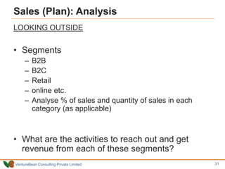 VentureBean Consulting Private Limited
Sales (Plan): Analysis
LOOKING OUTSIDE
• Segments
– B2B
– B2C
– Retail
– online etc.
– Analyse % of sales and quantity of sales in each
category (as applicable)
• What are the activities to reach out and get
revenue from each of these segments?
31
 
