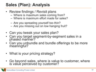 VentureBean Consulting Private Limited
Sales (Plan): Analysis
• Review findings / Revisit plans
– Where is maximum sales coming from?
– Where is maximum effort made for sales?
– Are you spreading yourself too thin?
– Are you missing out on low hanging fruit?
• Can you tweak your sales plan?
• Can you target segment-by-segment sales in a
phased manner?
• Can you unbundle and bundle offerings to be more
meaningful?
• What is your pricing strategy?
• Go beyond sales, where is value to customer, where
is value perceived by customer?
32
 
