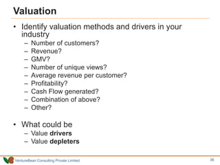 VentureBean Consulting Private Limited
Valuation
• Identify valuation methods and drivers in your
industry
– Number of customers?
– Revenue?
– GMV?
– Number of unique views?
– Average revenue per customer?
– Profitability?
– Cash Flow generated?
– Combination of above?
– Other?
• What could be
– Value drivers
– Value depleters
36
 