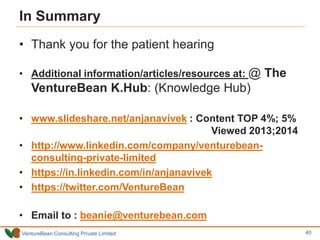 VentureBean Consulting Private Limited
In Summary
• Thank you for the patient hearing
• Additional information/articles/resources at: @ The
VentureBean K.Hub: (Knowledge Hub)
• www.slideshare.net/anjanavivek : Content TOP 4%; 5%
Viewed 2013;2014
• http://www.linkedin.com/company/venturebean-
consulting-private-limited
• https://in.linkedin.com/in/anjanavivek
• https://twitter.com/VentureBean
• Email to : beanie@venturebean.com
40
 