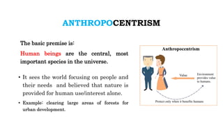 ANTHROPOCENTRISM
The basic premise is:
Human beings are the central, most
important species in the universe.
• It sees the world focusing on people and
their needs and believed that nature is
provided for human use/interest alone.
• Example: clearing large areas of forests for
urban development.
 