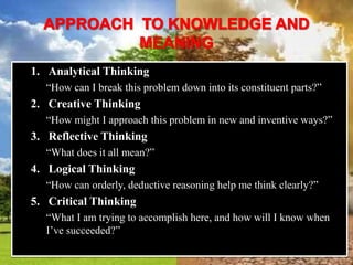 1. Analytical Thinking
“How can I break this problem down into its constituent parts?”
2. Creative Thinking
“How might I approach this problem in new and inventive ways?”
3. Reflective Thinking
“What does it all mean?”
4. Logical Thinking
“How can orderly, deductive reasoning help me think clearly?”
5. Critical Thinking
“What I am trying to accomplish here, and how will I know when
I’ve succeeded?”
 