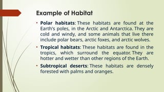 Example of Habitat
• Polar habitats: These habitats are found at the
Earth's poles, in the Arctic and Antarctica. They are
cold and windy, and some animals that live there
include polar bears, arctic foxes, and arctic wolves.
• Tropical habitats: These habitats are found in the
tropics, which surround the equator. They are
hotter and wetter than other regions of the Earth.
• Subtropical deserts: These habitats are densely
forested with palms and oranges.
 