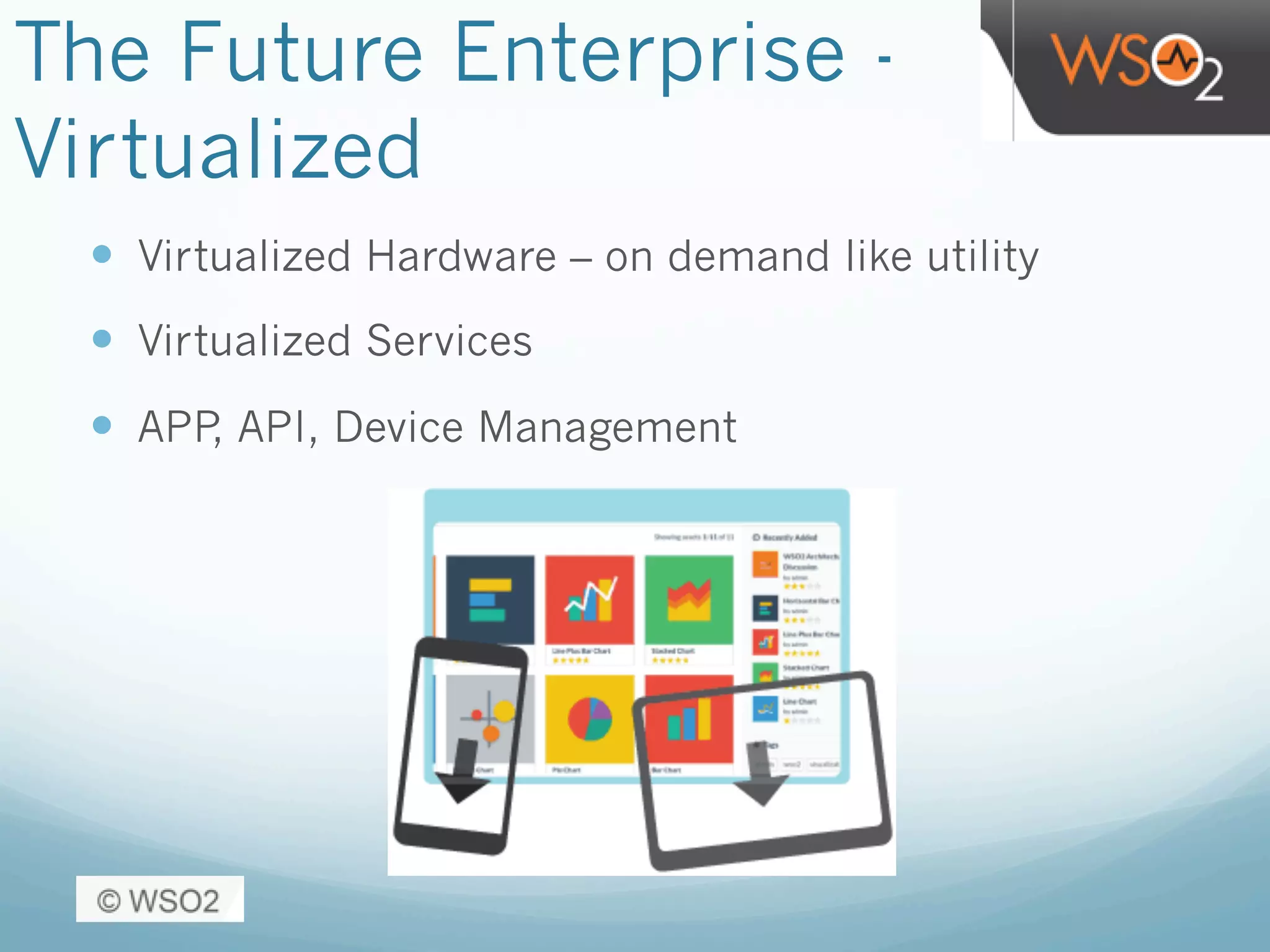 The Future Enterprise -
Virtualized
—  Virtualized Hardware – on demand like utility
—  Virtualized Services
—  APP, API, Device Management
 
