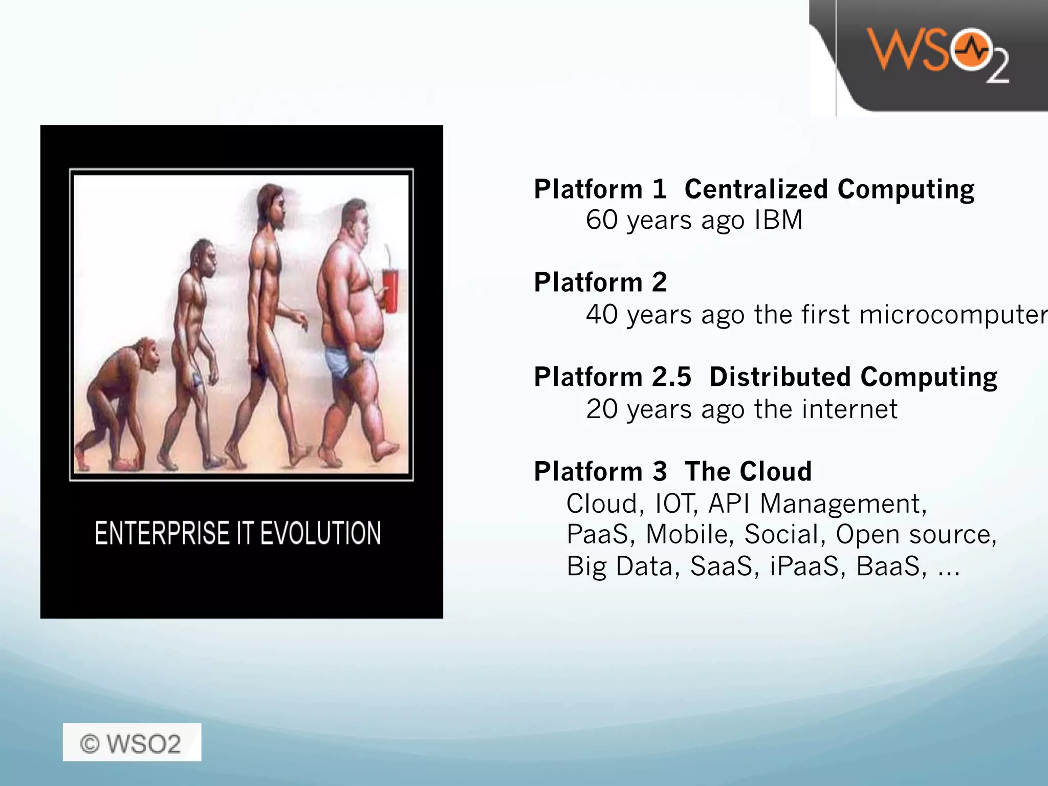 Platform 1 Centralized Computing
60 years ago IBM
Platform 2
40 years ago the first microcomputer
Platform 2.5 Distributed Computing
20 years ago the internet
Platform 3 The Cloud
Cloud, IOT, API Management,
PaaS, Mobile, Social, Open source,
Big Data, SaaS, iPaaS, BaaS, …
 