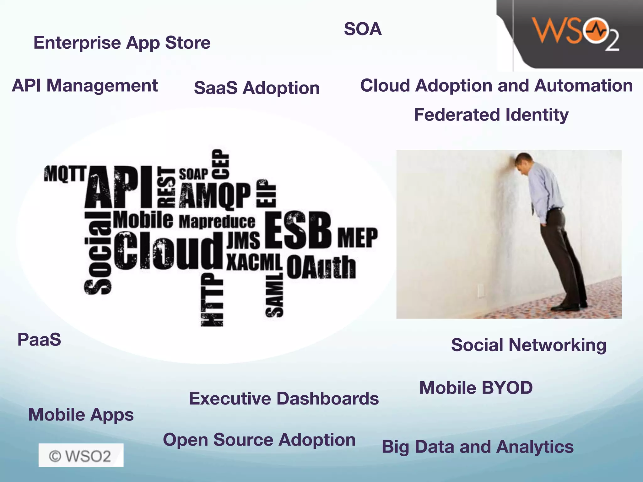 Enterprise App Store
API Management 
 SaaS Adoption
Executive Dashboards
PaaS
Mobile Apps
Open Source Adoption
SOA
Cloud Adoption and Automation
Federated Identity
Social Networking
Mobile BYOD
Big Data and Analytics
 