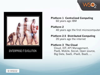 Platform 1 Centralized Computing
60 years ago IBM
Platform 2
40 years ago the first microcomputer
Platform 2.5 Distributed Computing
20 years ago the internet
Platform 3 The Cloud
Cloud, IOT, API Management,
PaaS, Mobile, Social, Open source,
Big Data, SaaS, iPaaS, BaaS, …
 