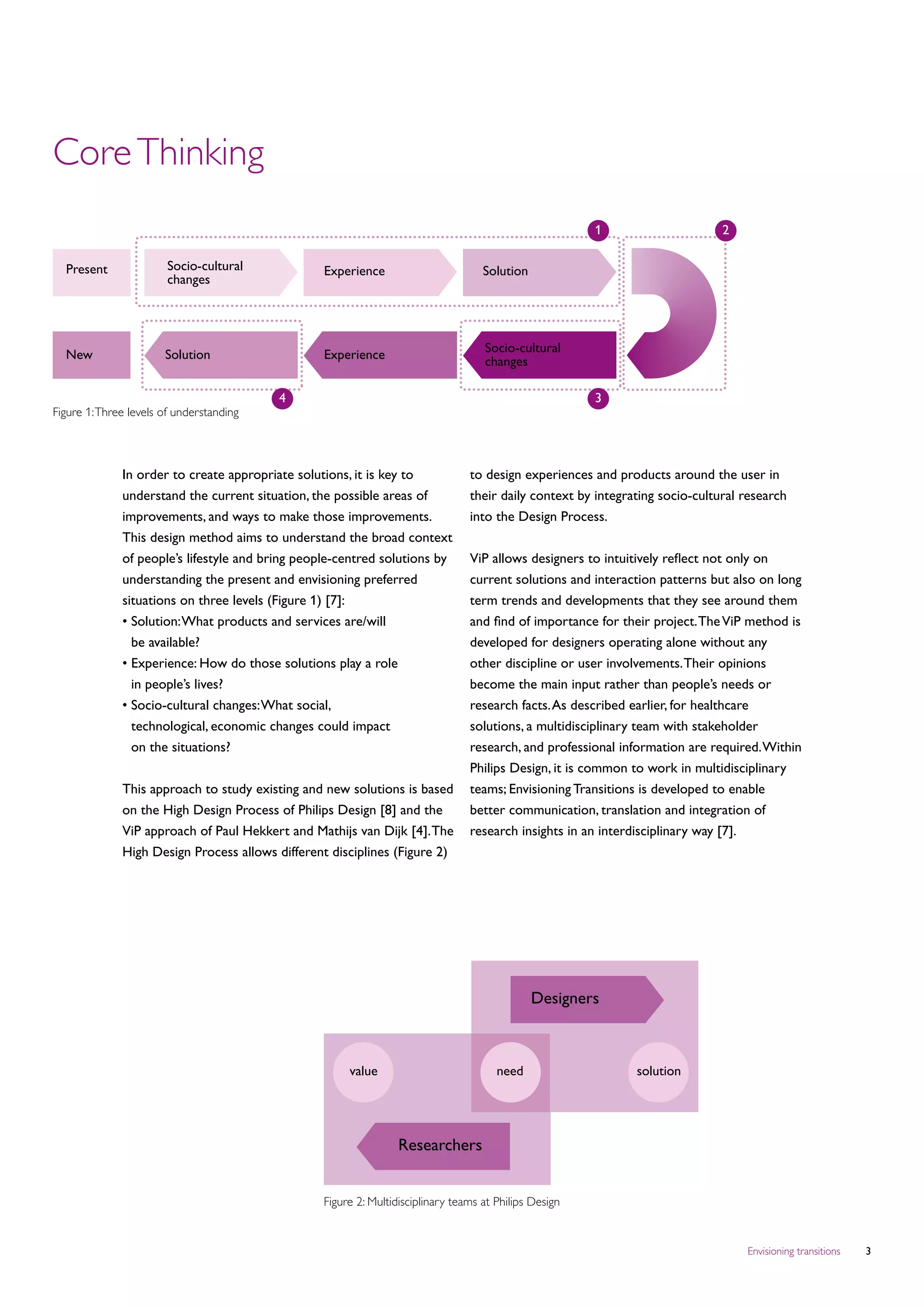 Core Thinking
                                                                                                        1                      2

  Present               Socio-cultural            Experience                        Solution
                        changes




  New                  Solution                   Experience                        Socio-cultural
                                                                                    changes

                                          4                                                             3
Figure 1: Three levels of understanding




              In order to create appropriate solutions, it is key to             to design experiences and products around the user in
              understand the current situation, the possible areas of            their daily context by integrating socio-cultural research
              improvements, and ways to make those improvements.                 into the Design Process.
              This design method aims to understand the broad context
              of people’s lifestyle and bring people-centred solutions by        ViP allows designers to intuitively reflect not only on
              understanding the present and envisioning preferred                current solutions and interaction patterns but also on long
              situations on three levels (Figure 1) [7]:                         term trends and developments that they see around them
              •	 olution: What products and services are/will
                S                                                                and find of importance for their project. The ViP method is
                be available?                                                    developed for designers operating alone without any
              •	 xperience: How do those solutions play a role
                E                                                                other discipline or user involvements. Their opinions
                in people’s lives?                                               become the main input rather than people’s needs or
              •	 ocio-cultural changes: What social,
                S                                                                research facts. As described earlier, for healthcare
                technological, economic changes could impact                     solutions, a multidisciplinary team with stakeholder
                on the situations?                                               research, and professional information are required. Within
                                                                                 Philips Design, it is common to work in multidisciplinary
              This approach to study existing and new solutions is based         teams; Envisioning Transitions is developed to enable
              on the High Design Process of Philips Design [8] and the           better communication, translation and integration of
              ViP approach of Paul Hekkert and Mathijs van Dijk [4]. The         research insights in an interdisciplinary way [7].
              High Design Process allows different disciplines (Figure 2)




                                                                                               Designers



                                                       value                           need                    solution




                                                                  Researchers


                                                  Figure 2: Multidisciplinary teams at Philips Design


                                                                                                                                   Envisioning transitions   
 