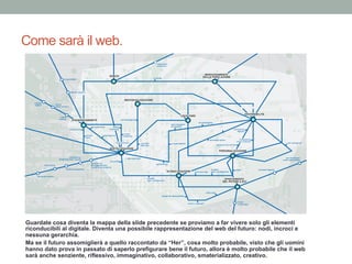 contadini
digitali
personal fabrication
& design
nomadi
digitali virtual
world workers
sense
making
telepresenza
remote
work
sociability
modelli
open-collaborative
competenze
cross-culturali
manifatture
digitali
travel
on demand
crowd
ﬁnancing
crowd
sourcing
tecnologie green
mix low/
high tech
reti intelligenti
personal metrics
disintermediazione
piattaforme
di insegnamento
students-to-students
web semantico
gamiﬁcation
scuola digitale
app sviluppate
da studenti
educitizens
piattaforme
didattiche inter-scuole
microblogging
narcisismo
digitale
personal narrativies
remixmodelli
open collaborativesicurezza dati
design for disassembly
wikicrazia
neo/no copyright
emozioni digitali
reti intelligenti
multi-segmentate
hub culturali
e-voting
esperienze
sensoriali
swarm robotics
biocomputing
swarm robotics
arti artiﬁciali
materiali programmabili
telemedicina
reti intelligenti
SPOSTAMENTO
DEL POTERE A EST
GLOBALIZZAZIONE
PERSONALIZZAZIONE
DIGITALIZZAZIONE
SOSTENIBILITÀ
DISORIENTAMENTO
INVECCHIAMENTO
DELLA POPOLAZIONEDEBITO
LOCALISMO
INDIVIDUALIZZAZIONE
Come sarà il web.
Guardate cosa diventa la mappa della slide precedente se proviamo a far vivere solo gli elementi
riconducibili al digitale. Diventa una possibile rappresentazione del web del futuro: nodi, incroci e
nessuna gerarchia.
Ma se il futuro assomiglierà a quello raccontato da “Her”, cosa molto probabile, visto che gli uomini
hanno dato prova in passato di saperlo prefigurare bene il futuro, allora è molto probabile che il web
sarà anche senziente, riflessivo, immaginativo, collaborativo, smaterializzato, creativo.
 
