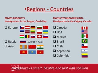 •Regions - Countries
ENVISS PRODUCTS                          ENVISS TECHNOLOGIES INTL.
Headquarters in the Prague, Czech Rep.   Headquartes in the Calgary, Canada:

 Europe                                  Canada
                                          USA
                                          Mexico
 Russia           (Europe + Asia)        Brasil
 Asia                                    Chile
                                          Argentina
                                          Colombia
 