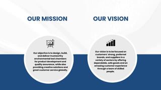 OUR MISSION
Our objective is to design, build,
and deliver trustworthy
environmental test chambers
for product development and
quality assurance, while also
providing creative solutions and
great customer service globally.
Our vision is to be focused on
customers' strong, preferred
brands, and suppliers in a
variety of sectors by offering
dependable, safe goods and an
amazing customer experience
through a team of skilled
people.
OUR VISION
 
