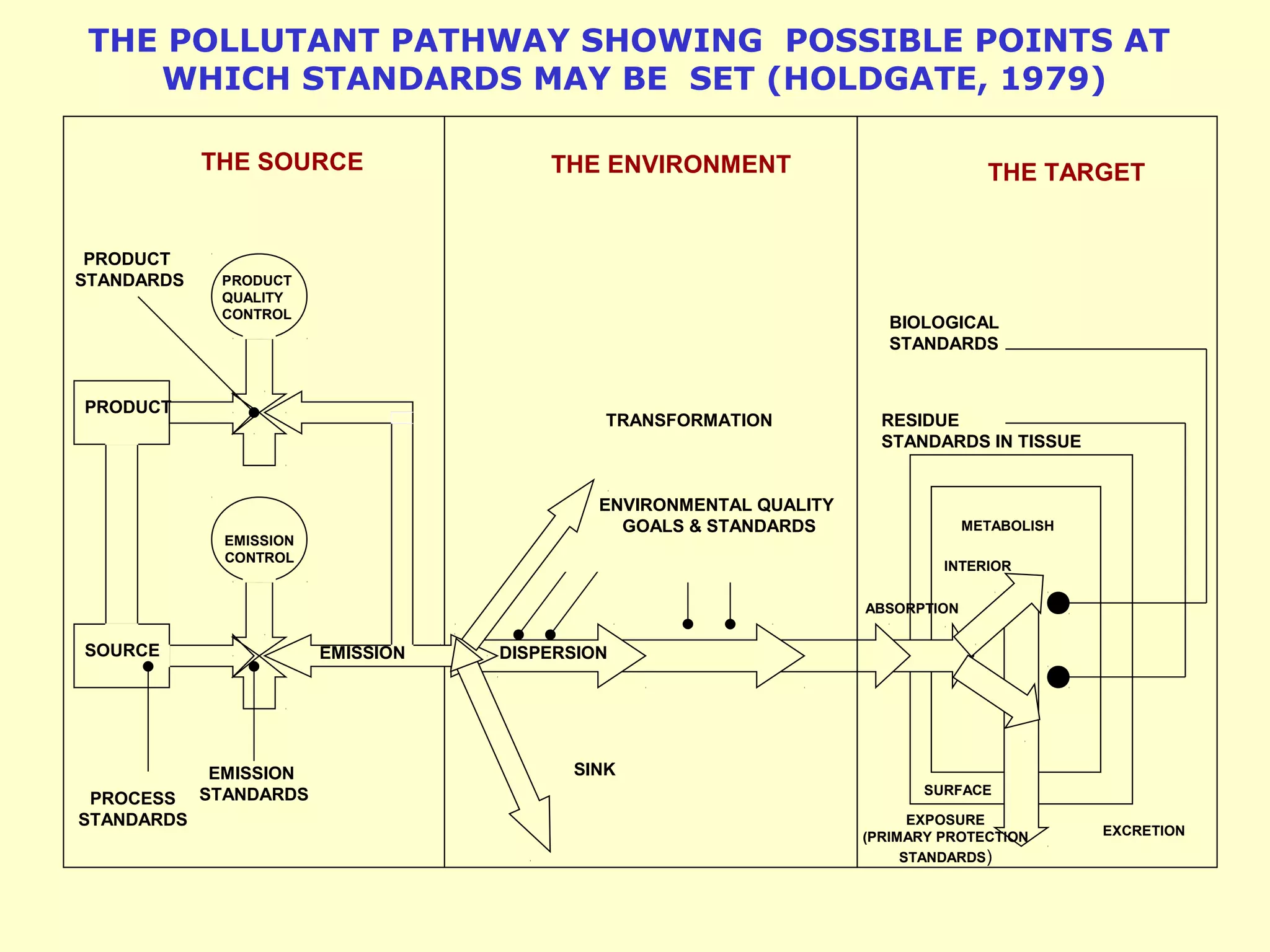 THE POLLUTANT PATHWAY SHOWING POSSIBLE POINTS AT 
WHICH STANDARDS MAY BE SET (HOLDGATE, 1979) 
THE SOURCE 
EMISSION 
STANDARDS 
PRODUCT 
STANDARDS 
PRODUCT 
SOURCE 
PRODUCT 
QUALITY 
CONTROL 
EMISSION 
CONTROL 
EMISSION 
PROCESS 
STANDARDS 
THE ENVIRONMENT THE TARGET 
TRANSFORMATION 
ENVIRONMENTAL QUALITY 
GOALS & STANDARDS 
DISPERSION 
SINK 
BIOLOGICAL 
STANDARDS 
RESIDUE 
STANDARDS IN TISSUE 
METABOLISH 
INTERIOR 
ABSORPTION 
SURFACE 
EXPOSURE 
(PRIMARY PROTECTION 
STANDARDS) 
EXCRETION 
 