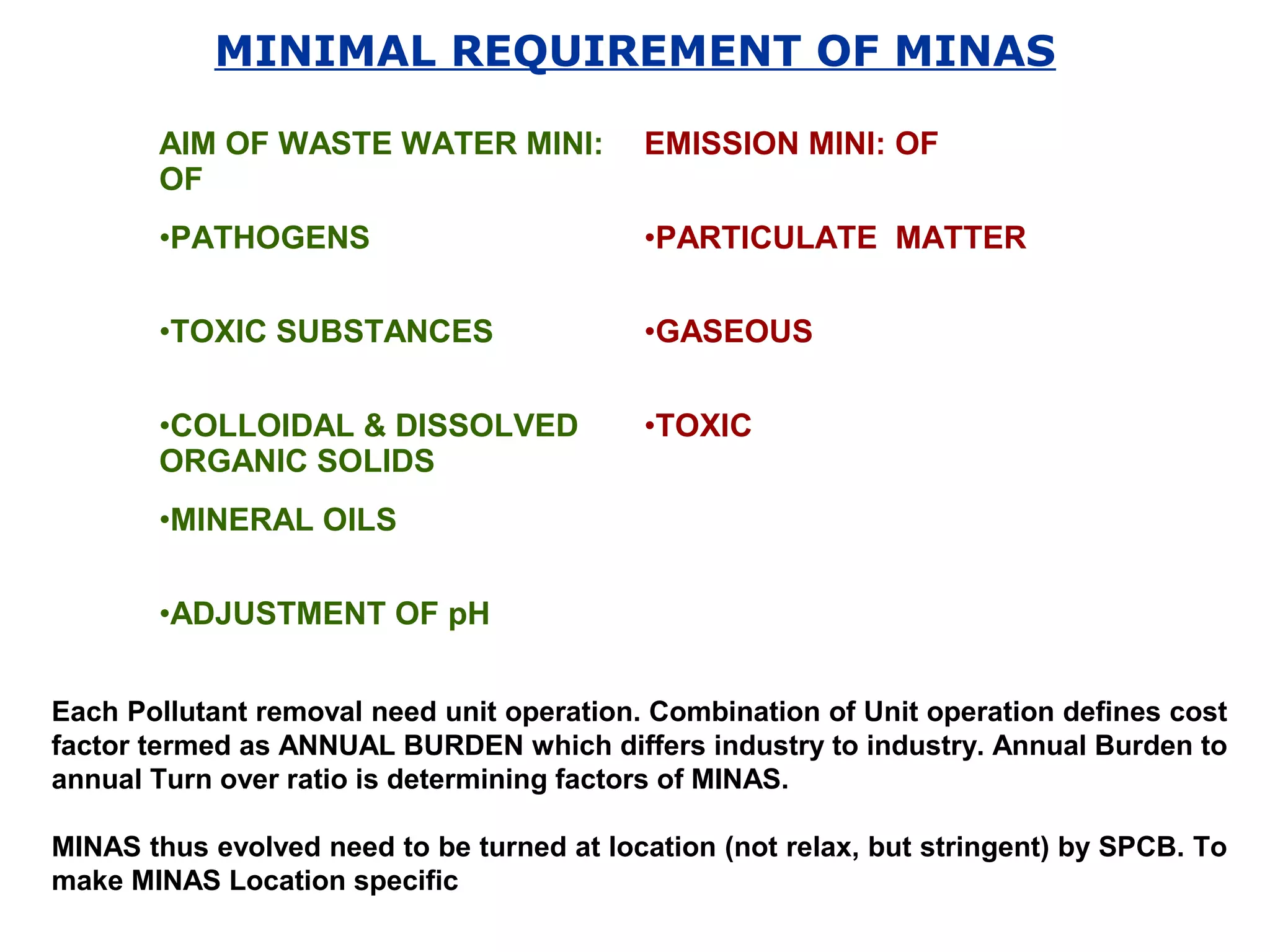 MINIMAL REQUIREMENT OF MINAS 
AIM OF WASTE WATER MINI: 
OF 
EMISSION MINI: OF 
•PATHOGENS •PARTICULATE MATTER 
•TOXIC SUBSTANCES •GASEOUS 
•COLLOIDAL & DISSOLVED 
ORGANIC SOLIDS 
•TOXIC 
•MINERAL OILS 
•ADJUSTMENT OF pH 
Each Pollutant removal need unit operation. Combination of Unit operation defines cost 
factor termed as ANNUAL BURDEN which differs industry to industry. Annual Burden to 
annual Turn over ratio is determining factors of MINAS. 
MINAS thus evolved need to be turned at location (not relax, but stringent) by SPCB. To 
make MINAS Location specific 
 
