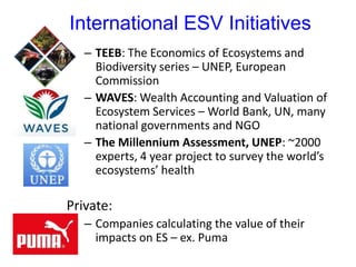 International ESV Initiatives
– TEEB: The Economics of Ecosystems and
Biodiversity series – UNEP, European
Commission
– WAVES: Wealth Accounting and Valuation of
Ecosystem Services – World Bank, UN, many
national governments and NGO
– The Millennium Assessment, UNEP: ~2000
experts, 4 year project to survey the world’s
ecosystems’ health
Private:
– Companies calculating the value of their
impacts on ES – ex. Puma
 