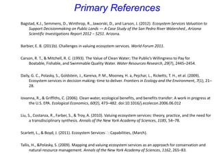 Primary References
Bagstad, K.J., Semmens, D., Winthrop, R., Jaworski, D., and Larson, J. (2012). Ecosystem Services Valuation to
Support Decisionmaking on Public Lands — A Case Study of the San Pedro River Watershed , Arizona
Scientific Investigations Report 2012 − 5251. Arizona.
Barbier, E. B. (2011b). Challenges in valuing ecosystem services. World Forum 2011.
Carson, R. T., & Mitchell, R. C. (1993). The Value of Clean Water; The Public’s Willingness to Pay for
Boatable, Fishable, and Swimmable Quality Water. Water Resources Research, 29(7), 2445–2454.
Daily, G. C., Polasky, S., Goldstein, J., Kareiva, P. M., Mooney, H. a, Pejchar, L., Ricketts, T. H., et al. (2009).
Ecosystem services in decision making: time to deliver. Frontiers in Ecology and the Environment, 7(1), 21–
28.
Iovanna, R., & Griffiths, C. (2006). Clean water, ecological benefits, and benefits transfer: A work in progress at
the U.S. EPA. Ecological Economics, 60(2), 473–482. doi:10.1016/j.ecolecon.2006.06.012
Liu, S., Costanza, R., Farber, S., & Troy, A. (2010). Valuing ecosystem services: theory, practice, and the need for
a transdisciplinary synthesis. Annals of the New York Academy of Sciences, 1185, 54–78.
Scarlett, L., & Boyd, J. (2011). Ecosystem Services : Capabilities, (March).
Tallis, H., &Polasky, S. (2009). Mapping and valuing ecosystem services as an approach for conservation and
natural-resource management. Annals of the New York Academy of Sciences, 1162, 265–83.
 