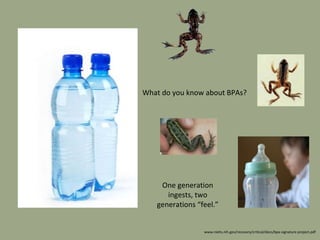 What do you know about BPAs?
One generation
ingests, two
generations “feel.”
www.niehs.nih.gov/recovery/critical/docs/bpa-signature-project.pdf
 