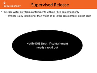 Supervised Release
• Release water only from containments with oil-filled equipment only
– If there is any liquid other than water or oil in the containment, do not drain
Notify EHS Dept. if containment
needs vacc’d out
 