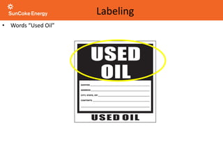 • Words “Used Oil”
Labeling
 