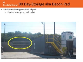 90 Day-Storage aka Decon Pad
• Small containers go on back of pad
• Liquids must go on spill pallet
 