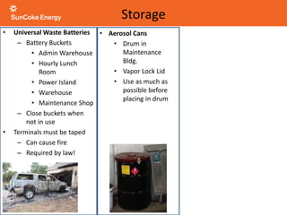 • Universal Waste Batteries
– Battery Buckets
• Admin Warehouse
• Hourly Lunch
Room
• Power Island
• Warehouse
• Maintenance Shop
– Close buckets when
not in use
• Terminals must be taped
– Can cause fire
– Required by law!
Storage
• Aerosol Cans
• Drum in
Maintenance
Bldg.
• Vapor Lock Lid
• Use as much as
possible before
placing in drum
 