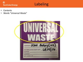 • Contents
• Words “Universal Waste”
Labeling
 