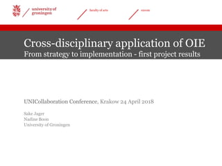 1|10-04-2018faculty of arts envoie
Cross-disciplinary application of OIE
From strategy to implementation - first project results
UNICollaboration Conference, Krakow 24 April 2018
Sake Jager
Nadine Boon
University of Groningen
 