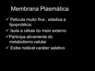 Membrana Plasmática
 Película muito fina , elástica e
lipoprotéica;
 Isola a célula do meio externo
Participa ativamente do
metabolismo celular
 Exibe notável caráter seletivo
 