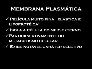 Membrana Plasmática
 Película muito fina , elástica e
 lipoprotéica;
 Isola a célula do meio externo
Participa ativamente do
 metabolismo celular
 Exibe notável caráter seletivo
 