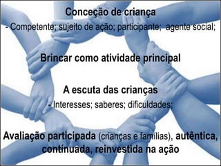 Conceção de criança
- Competente; sujeito de ação; participante; agente social;
Brincar como atividade principal
A escuta das crianças
- Interesses; saberes; dificuldades;
Avaliação participada (crianças e famílias), autêntica,
contínuada, reinvestida na ação
 