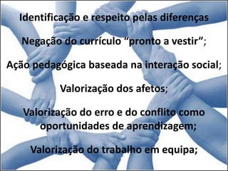 Identificação e respeito pelas diferenças
Negação do currículo “pronto a vestir”;
Ação pedagógica baseada na interação social;
Valorização dos afetos;
Valorização do erro e do conflito como
oportunidades de aprendizagem;
Valorização do trabalho em equipa;
 